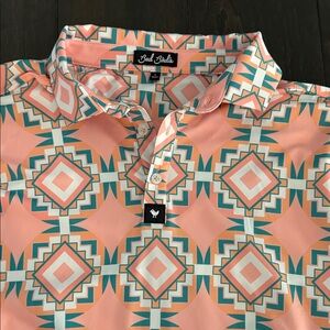 Bad Birdie Men's Polo with Pink and Green Geometric Pattern